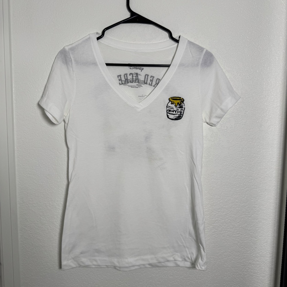 Disney Winnie the Pooh T-Shirt Womens Medium White Hundred Acre Wood Map V-Neck